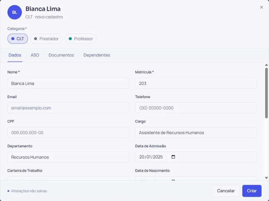 Cadastro de nova pessoa com nome, matrícula, cargo, departamento e data de admissão