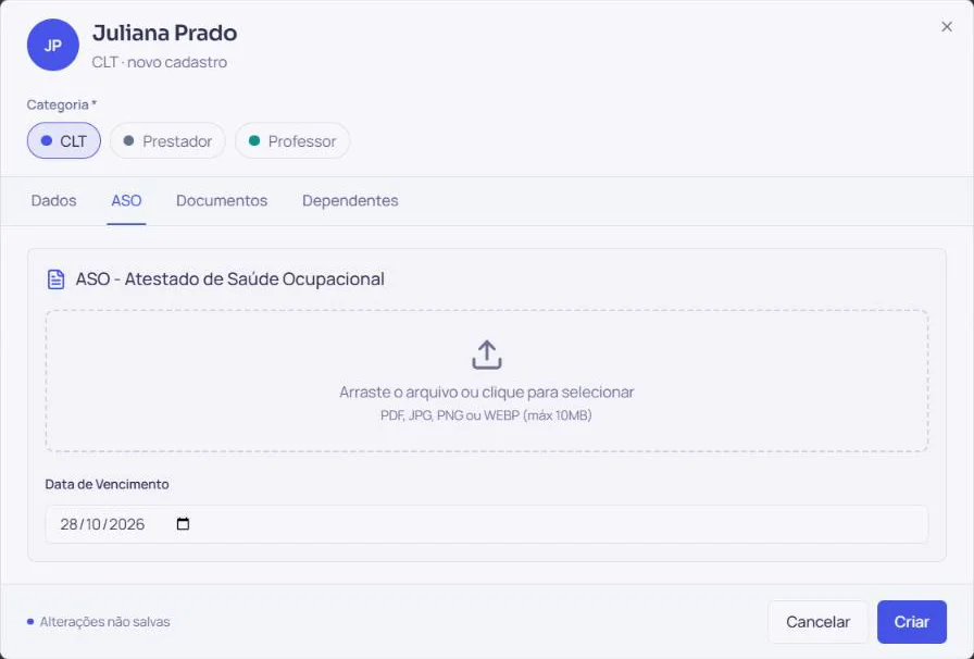 Aba ASO do cadastro com o anexo do atestado e a data de vencimento