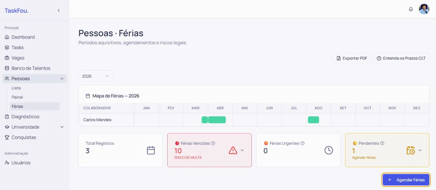 Tela de Férias com o mapa do ano, os quadros de férias vencidas, urgentes e pendentes e o botão Agendar Férias