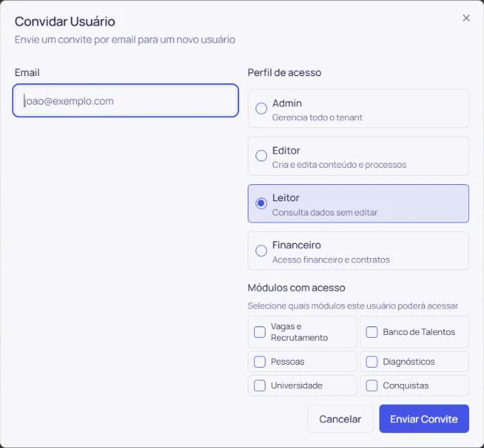 Janela Convidar Usuário com e-mail, perfil de acesso e módulos