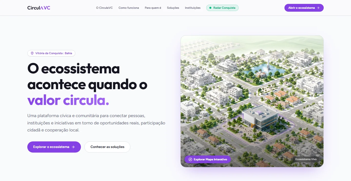 Página inicial do CirculaVC com o mapa interativo de Vitória da Conquista
